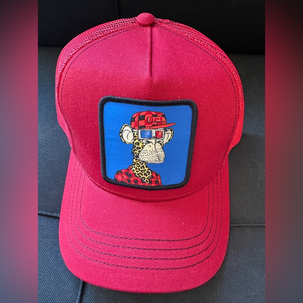 Red Trucker Hat with Cartoon Ape Patch